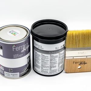 Set de 3 buc, vopsea decorativa Sandy argintiu 1l + amorsa speciala Fondo RICCO 1l + pensula Ferrara Design